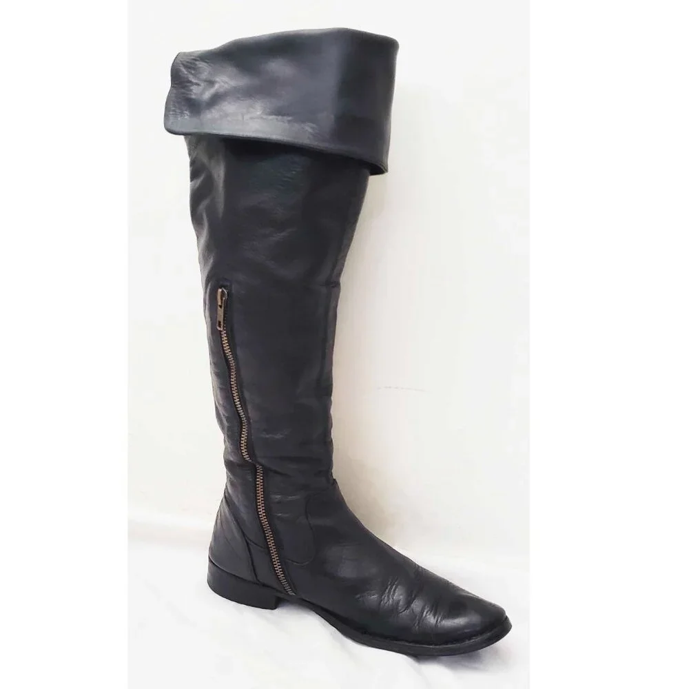 Frye Womens Shirley Over The Knee Riding Black Leather Boots Foldover Pirat 8.5